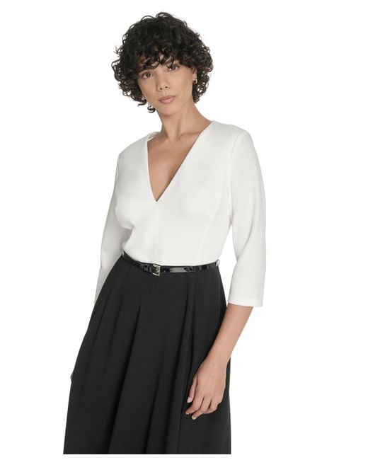 Tommy Hilfiger White 3/4-sleeve V-neck Midi Dress