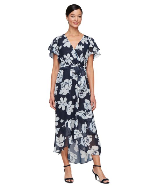 Sl Fashions Blue Flutter-sleeve High-low Dress
