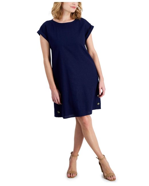 Jones New York Blue Petite Button-side Linen-blend Shift Dress