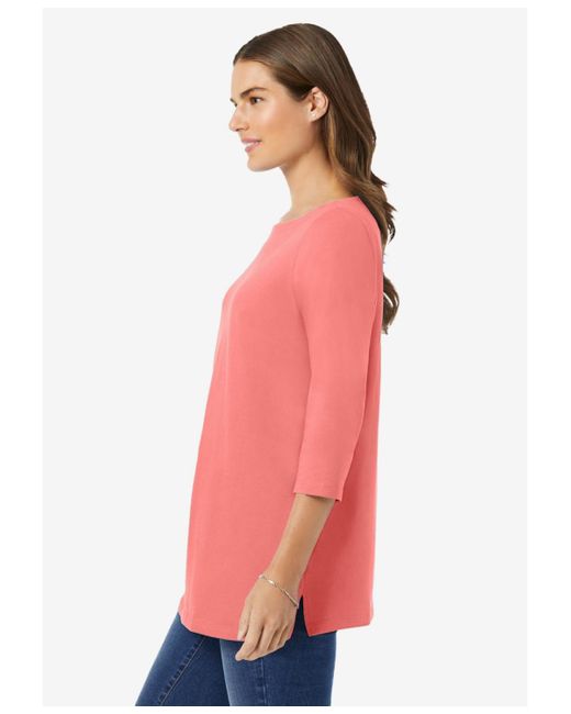Woman Within Pink Within Perfect Three-quarter Sleeve Boatneck Tee