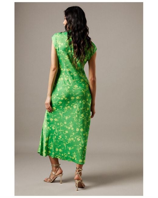 Warehouse Green Crinkle Satin Button Side Midi Dress
