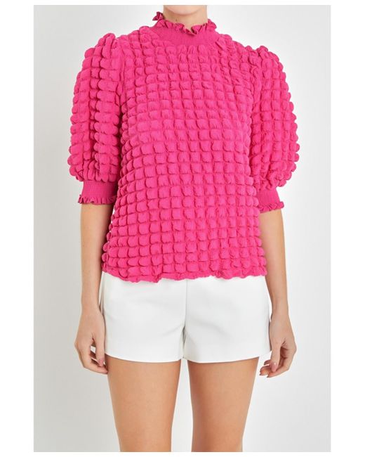 English Factory Pink Textured Mock Neck Short Sleeve Blouse
