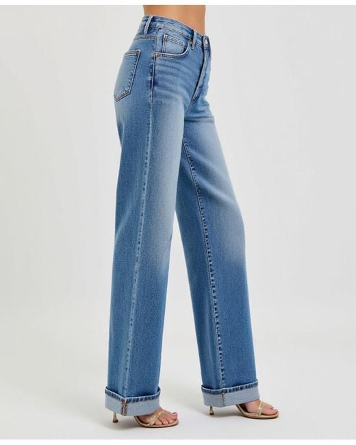 Modenaire Blue Wide-leg Button-fly Cuffed Patch Pocket Jeans