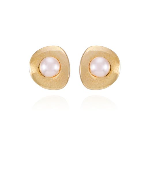 Tahari White Tone Imitation Pearl Clip On Button Earrings