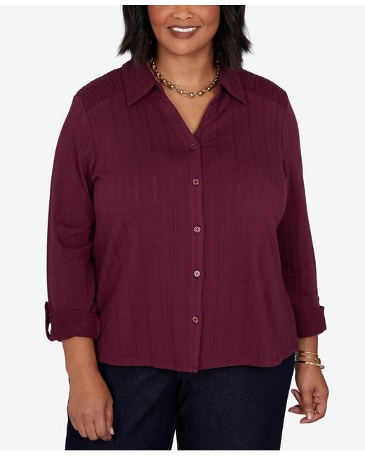 Ruby Rd Red Plus Size Striped Roll-tab Button-front Blouse