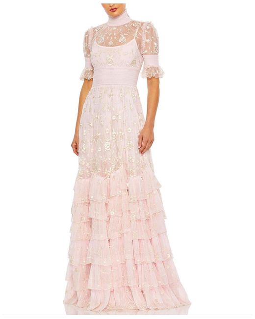 Mac Duggal Pink Embroidered Floral Tiered Smock Neck Gown