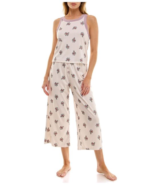 Roudelain White 2-piece Contrast Binding Sleeveless T-shirt And Pajama Set