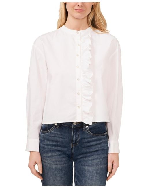 Cece White Ruffled Button-front Long-sleeve Cropped Blouse
