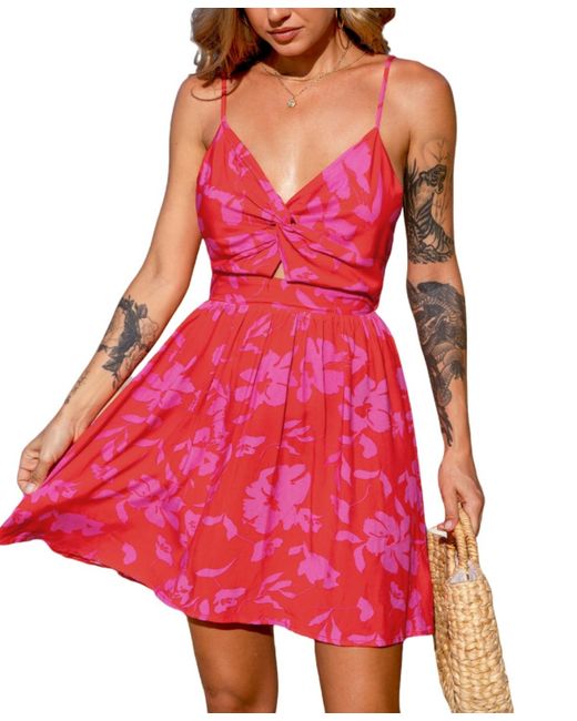 CUPSHE Red Floral Print Twist Mini Beach Dress