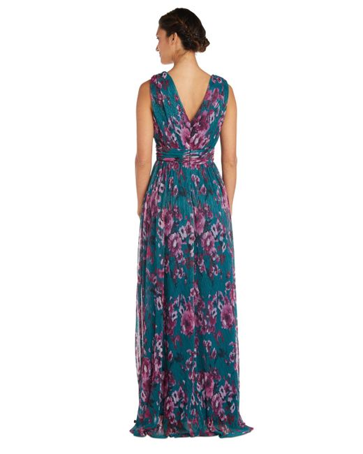 R & M Richards Blue Metallic Floral Print Sleeveless Gown