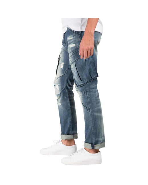 Level 7 Blue Premium Jeans Slim Straight Intense Blast Distressed Cargo Pocket for men