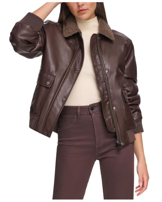 Calvin Klein Brown Faux-fur-collar Faux-leather Bomber Coat
