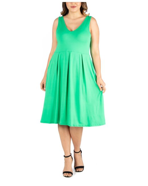 24seven Comfort Apparel Green Plus Size Midi Fit And Flare Pocket Dress