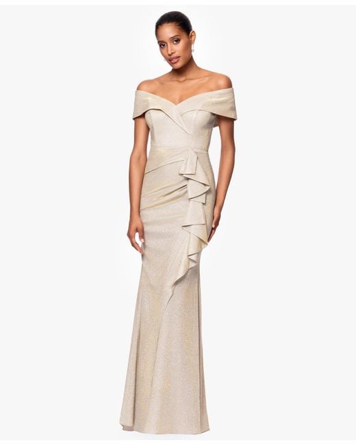 Xscape White Metallic Off-the-shoulder Ruffled Gown