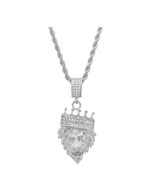 Steeltime White Stainless Steel Simulated Diamond Crowned Lion's Head 30" Pendant Necklace for men