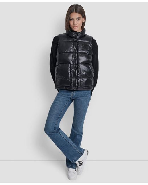 DKNY Blue Quilted Mock Neck Puffer Jacket