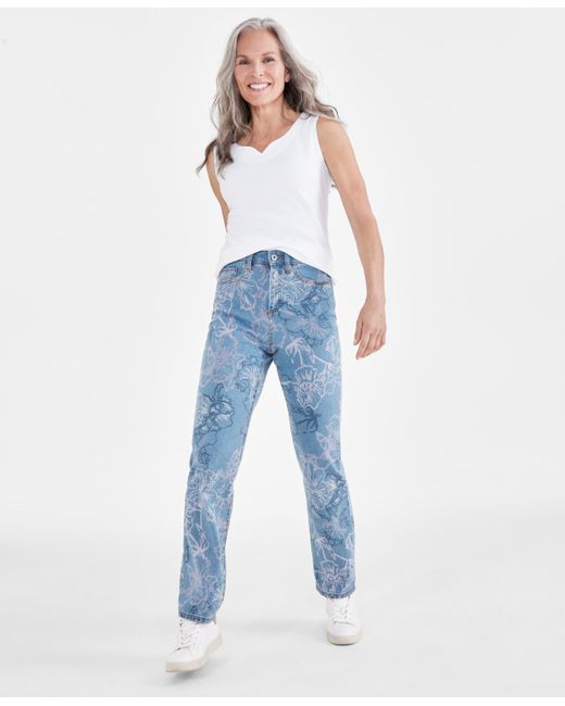 Style & Co. Blue Printed High-rise Natural Straight Jeans
