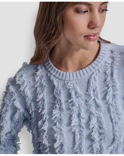 DKNY Blue Petite Fringe Crewneck Sweater
