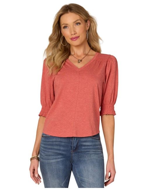 Democracy Red Petite Smocking-trim Blouson-sleeve Top