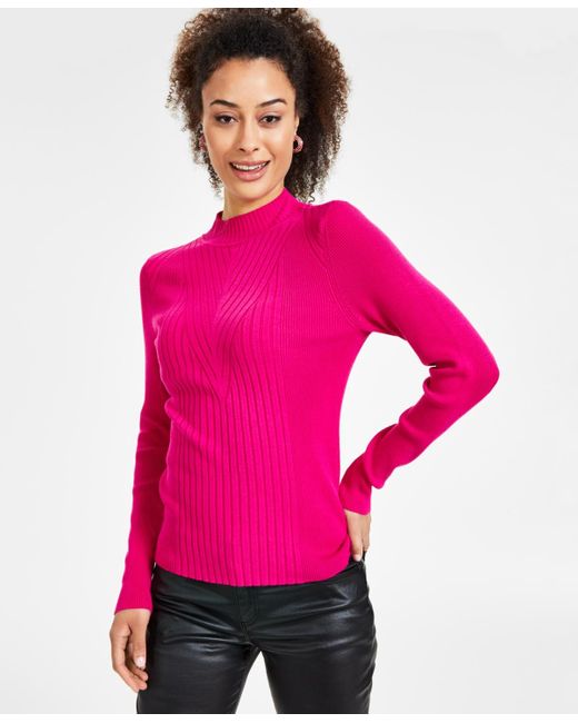 INC International Concepts Pink Detail Ribbed Mock Neck Sweater