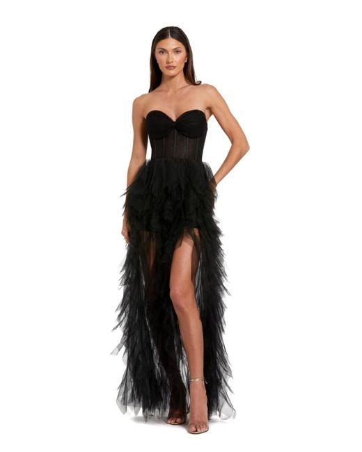 Mac Duggal Black Strapless Bustier Net Gown With Spiral Ruffles