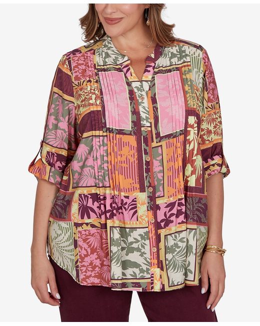 Ruby Rd Red Plus Size Tropical Patchwork Voile Button Front Top