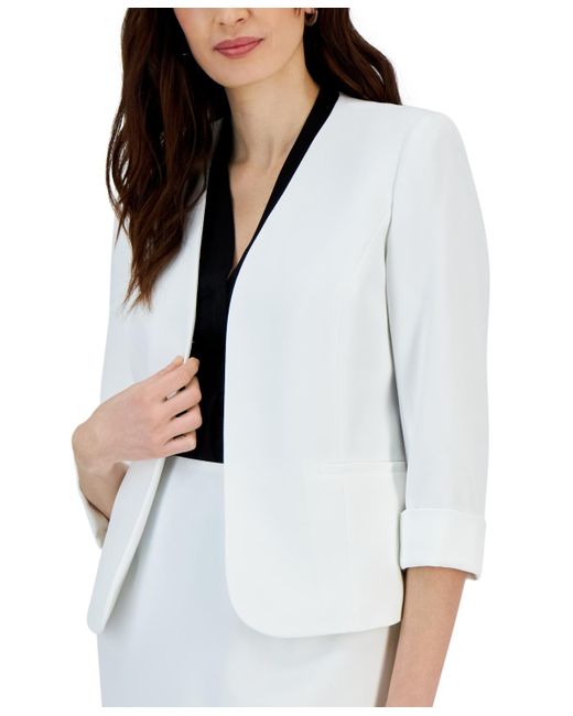 Kasper White Stretch Crepe Open-front Roll-sleeve Jacket