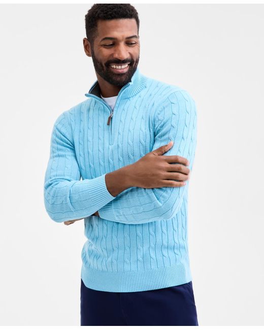 Club Room Blue Cable Knit Quarter-zip Cotton Sweater for men