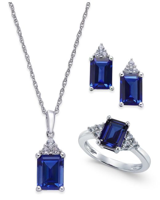 Macy's Blue Lab-created Sapphire (5 Ct. T.w.) And White Sapphire (3/8 Ct. T.w.) Jewelry Set In Sterling Silver