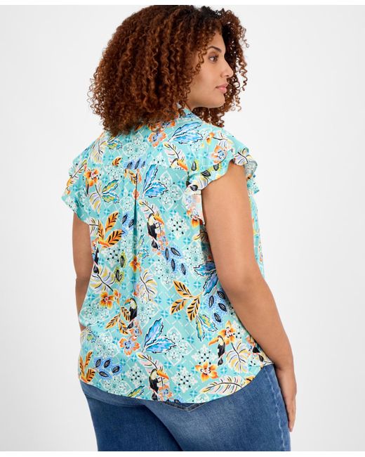 Democracy Blue Trendy Plus Size Printed Flutter-sleeve Top