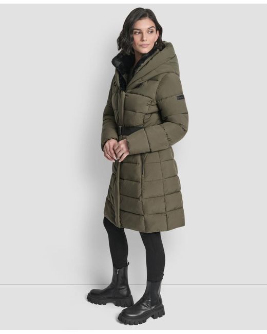 DKNY Green Belted Asymmetrical Zip Front Puffer Coat