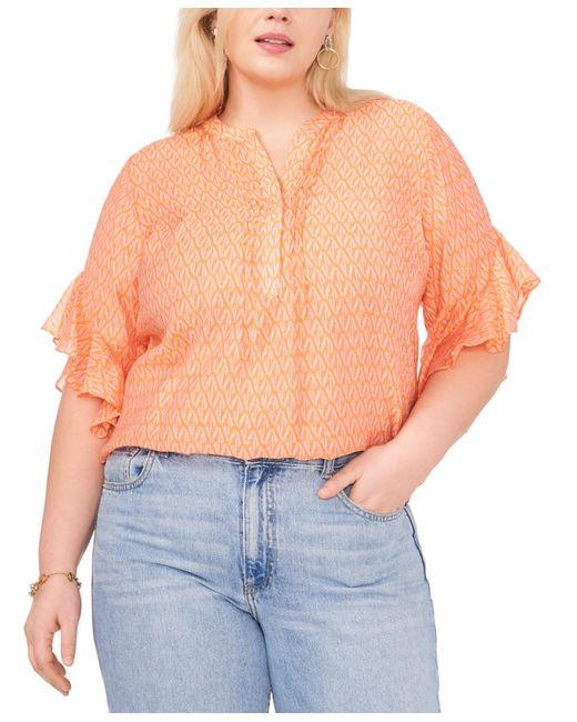 Vince Camuto Blue Plus Size Printed Henley Flutter-sleeve Top