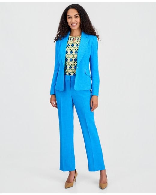 Kasper Blue Textured Notched-collar One-button Blazer