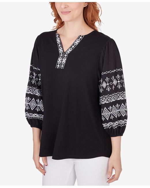 Ruby Rd Black Petite Split Neck Embroidered 3/4 Sleeve Knit Top