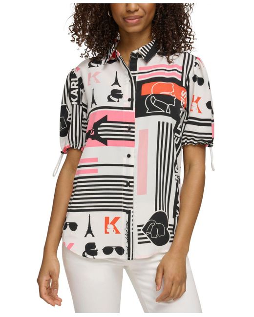 Karl Lagerfeld Multicolor Logo-print Cinch-sleeve Blouse