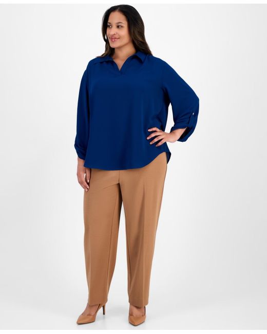 Anne Klein Blue Plus Size Collared V-neck Roll-tab-sleeves