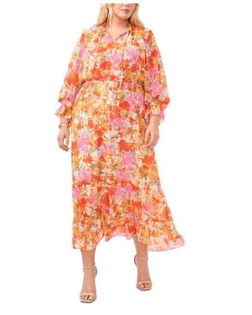 Vince Camuto Orange Plus Size Long-sleeve Floral-print Maxi Dress