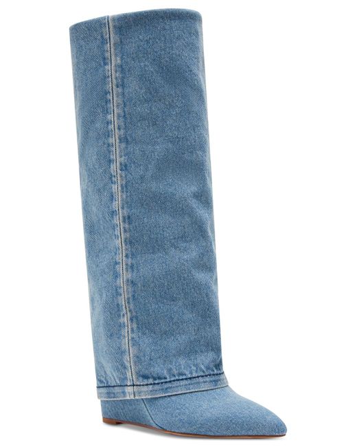 Madden Girl Blue Evander Wide-calf Fold-over Cuffed Knee High Wedge Dress Boots