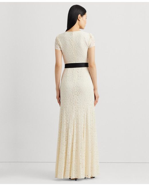 Lauren by Ralph Lauren Natural Belted Lace A-line Gown