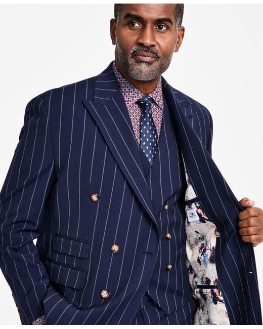 Tayion Collection Blue Pinstriped Double-breasted Suit Jacket for men
