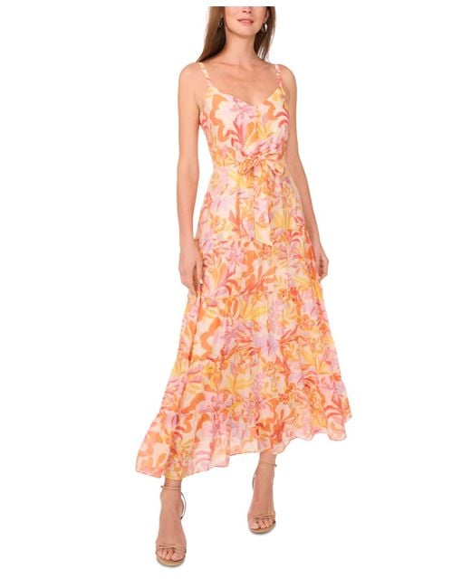 Msk Orange Printed-chiffon Tie-waist Tiered Maxi Dress