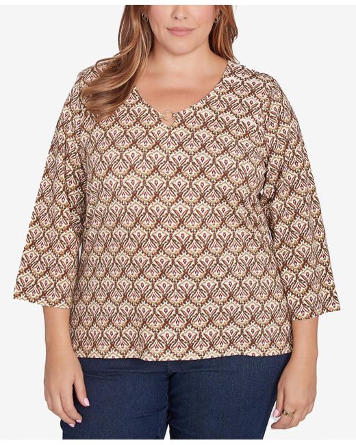 hearts of palm Brown Plus Size Spice It Up Printed 3/4 Sleeve Top