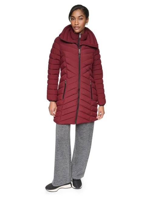 DKNY Red Bibbed Packable Puffer Coat