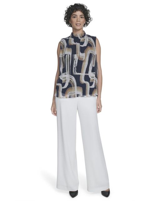 Calvin Klein Blue Printed Mock-neck Sleeveless Blouse