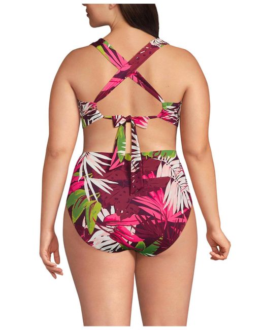 Lands' End Pink Plus Size V-neck Bikini And High Waisted Bottom Swimsuit Set