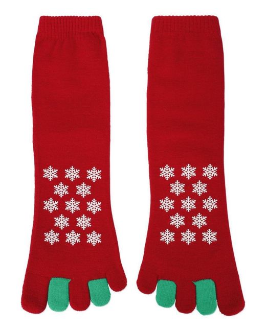 Memoi Red Festive Let It Snow Non-skid Toe Socks