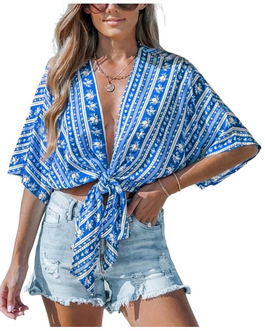 CUPSHE Blue Red Open Front Tie-waist Boho Cover-up Top