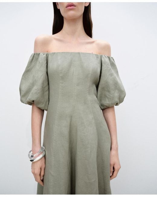 Mango Green Puffed-sleeve Linen Dress