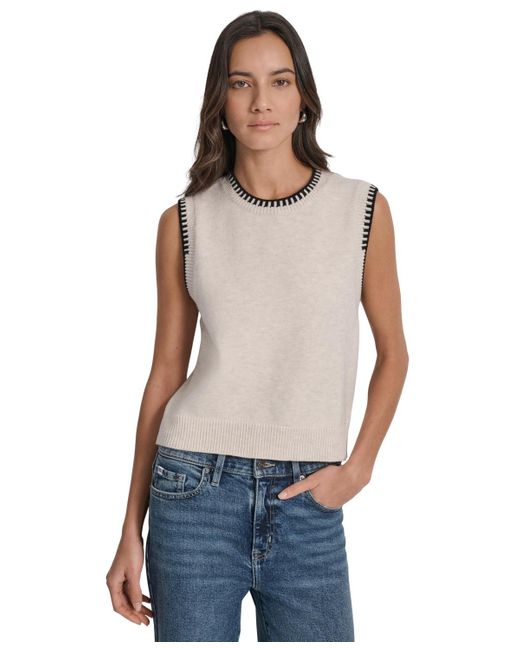 DKNY Blue Whipstitch Trim Crewneck Sleeveless Sweater