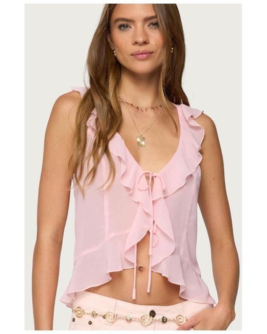 Edikted Pink Roxan Ruffle Chiffon Tie Front Top